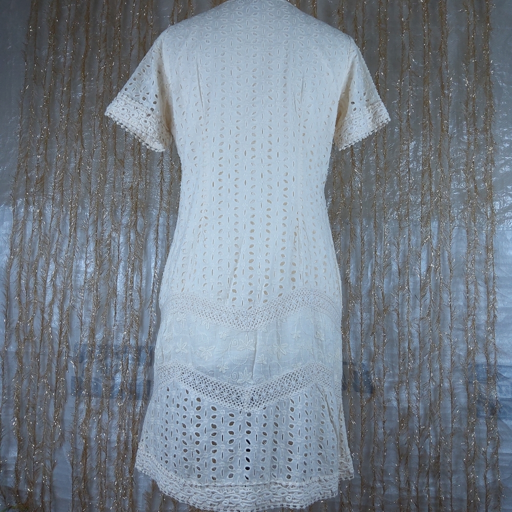 Sundance River Eyelet Dress Lined Petite Size 6 P6 Cream Color Above The Knee - Picture 4 of 11